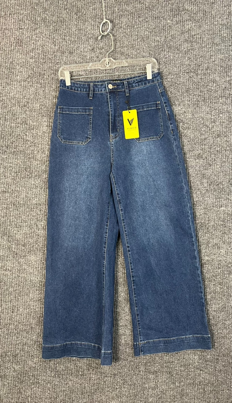 Vibes Jeans Womens Large Blue Medium Wash Wide Leg Cropped High Rise Denim